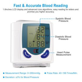 1Pc Blood Pressure Monitor Wrist Digital High Blood Pressure Cuff Heartbeat Tester With 60 Reading Memory 1.8 Inches LCD Screen Storage Box (Option: White)